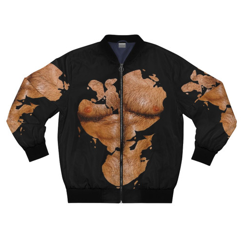 Muscular man wearing a bomber jacket with a hairy chest