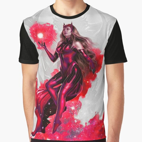 Red Magic Graphic Fantasy T-Shirt with Witch and Chaos Design