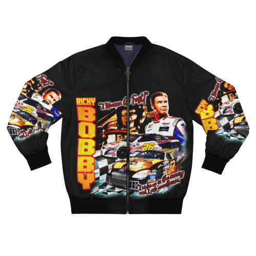 Vintage Ricky Bobby Racing Bomber Jacket with racing car and quote graphics