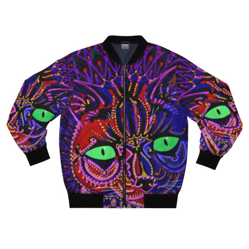 A bomber jacket featuring the whimsical cat art of British artist Louis Wain.