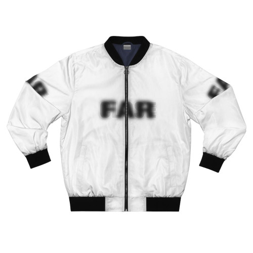 Black and white bomber jacket with a close far optical illusion design