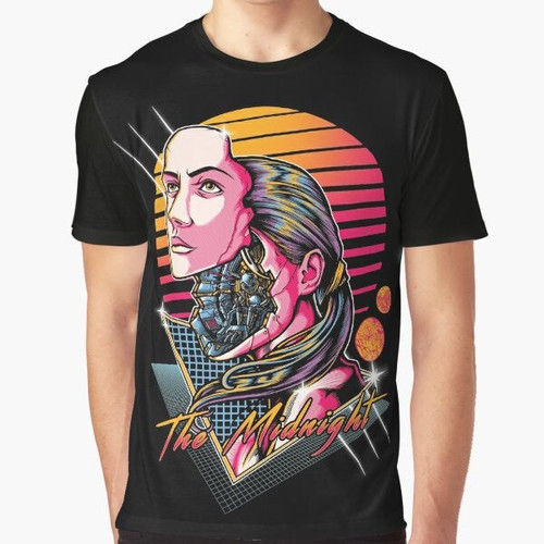 Futuristic alien design on a cyberpunk-inspired women's t-shirt