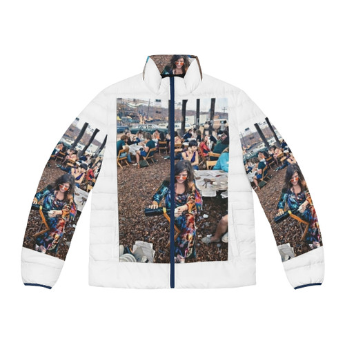 Janis Joplin Woodstock Puffer Jacket featuring vintage tie-dye and hippie chic style