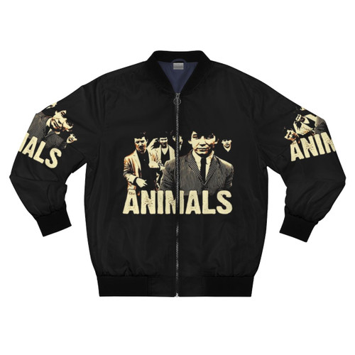 Vintage-inspired bomber jacket with classic rock band graphics