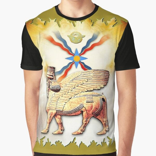 Assyrian graphic t-shirt featuring a design inspired by the Lamassu and Winged Bull of Mesopotamia