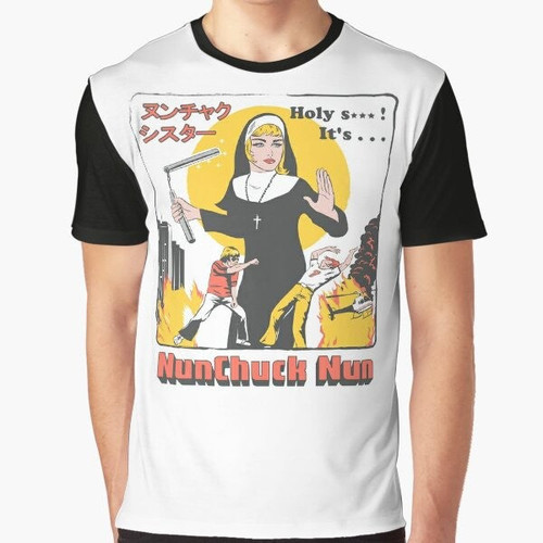Nunchuck Nun graphic t-shirt featuring a parody of a nun wielding nunchucks in a retro style.