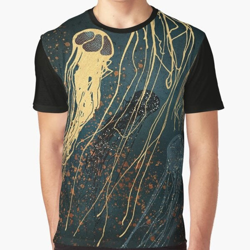 A metallic jellyfish graphic design on a blue t-shirt, featuring shimmering copper, gold, and bronze tones.