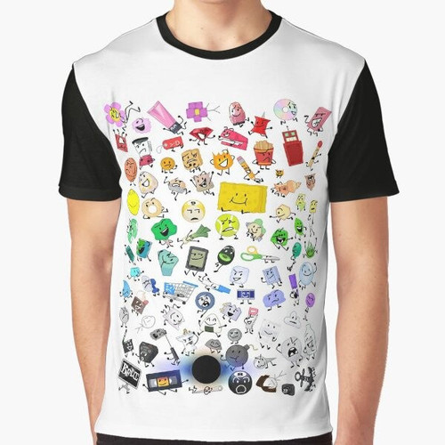 Battle for Dream Island (BFDI) and The Power of Two (TPOT) cast members printed on a graphic t-shirt, including Firey, Leafy, Bubble, Flower, Lollipop, Black Hole, and Barfbag.