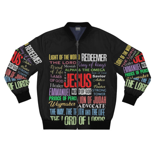 Christian bomber jacket featuring the names of God and Lord Jesus Christ, with bible verse design