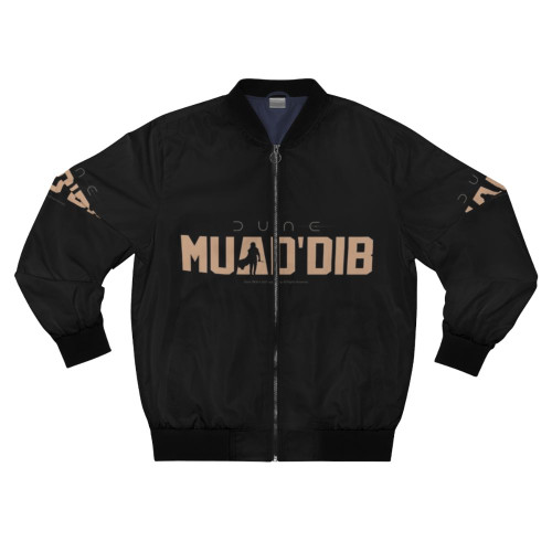Model wearing a blue and black bomber jacket with the Muad'Dib symbol from the Dune universe