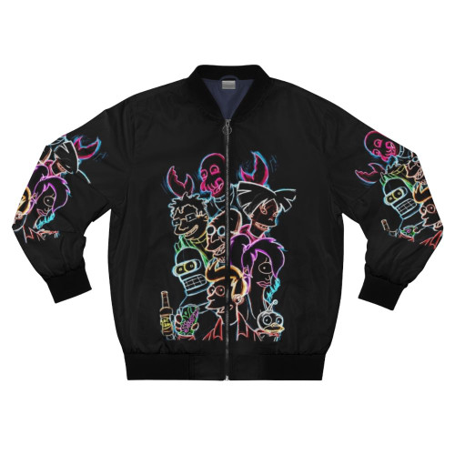 Futurama cartoon-inspired bomber jacket with graphic sci-fi designs