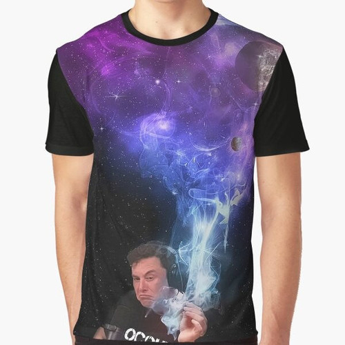 Elon Musk smoking a joint in the surreal, psychedelic universe filled with stars and cosmic elements
