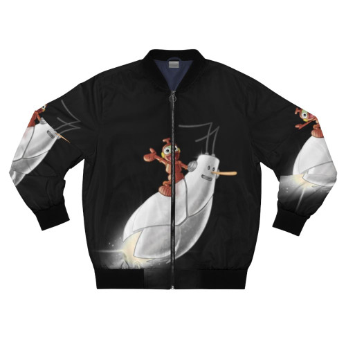Vintage-style bomber jacket with anime/mecha-inspired graphics and text