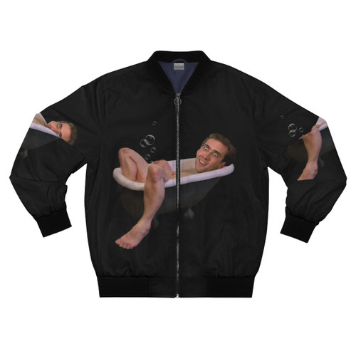 Funny bomber jacket with Nicholas Cage taking a bath in bubbles design