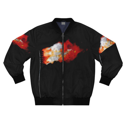 Burning flag graphic design on a black bomber jacket