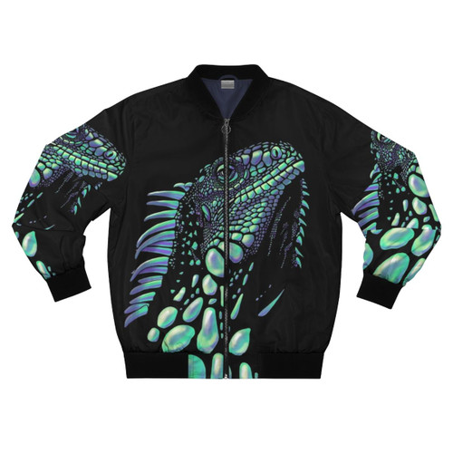 Iguana bomber jacket with a design of colorful soap bubbles and lizard-inspired patterns.