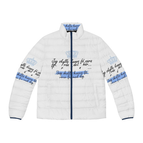 "Young Royals inspired puffer jacket with line art design and quotes"