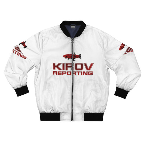 Red Alert "Kirov Reporting" Bomber Jacket with vintage text and communist symbols