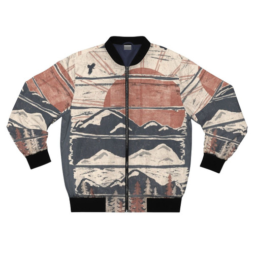 A bomber jacket with a winter wilderness design, featuring wolves, eagles, and snowy mountain landscapes.