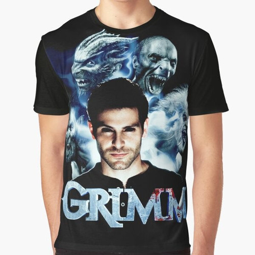 Grimm fairy tale graphic t-shirt featuring monsters, werewolves, and magic