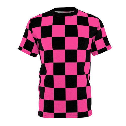 A high-quality t-shirt featuring a bold checkerboard pattern in black and pink colors.