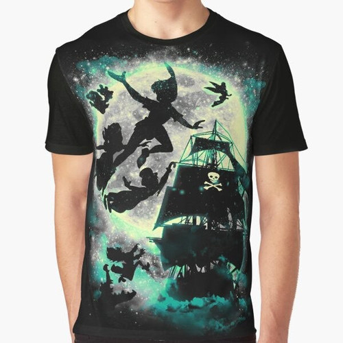 Neverland Adventure Graphic T-Shirt featuring Peter Pan, Captain Hook, and a Pirate Ship