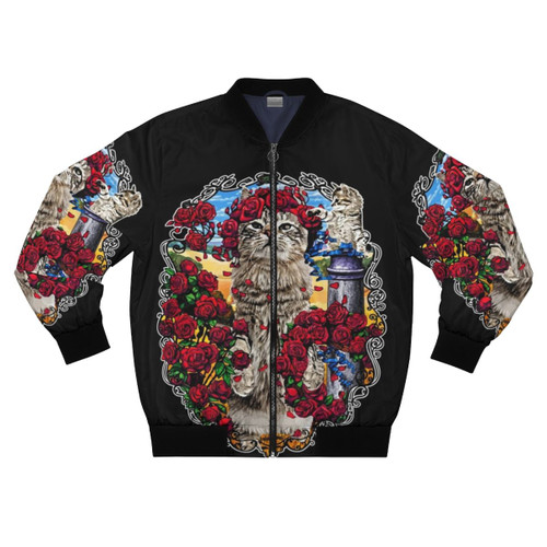 Grateful cats and roses design on a bomber jacket