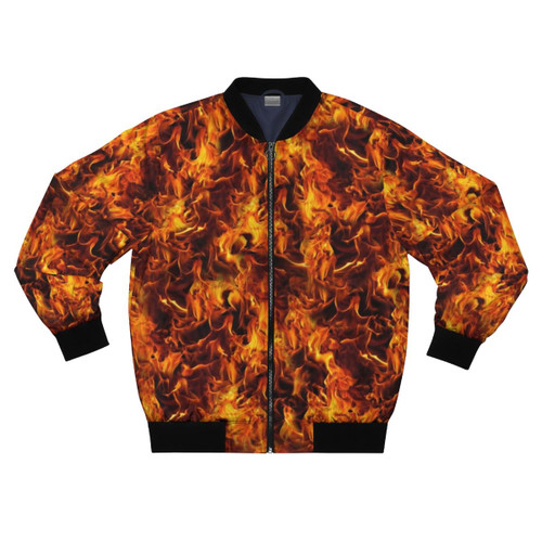 Fiery bomber jacket with a striking flames pattern design