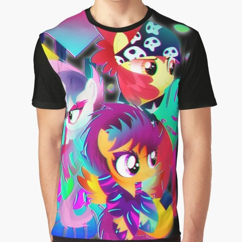 Retro-style graphic t-shirt featuring the Cutie Mark Crusaders from the My Little Pony: Friendship is Magic series in a synthwave, 80s-inspired design.