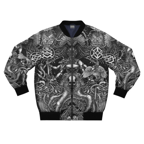Bomber jacket with occult, gothic, and fantasy design featuring an octopus skull, skeleton, and eye of providence.