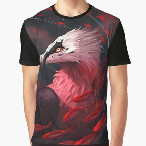 Halcyon graphic t-shirt with a design of a bearded vulture soaring above koi fish
