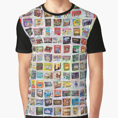 Graphic t-shirt design featuring various board game pieces and the text "Board Games"