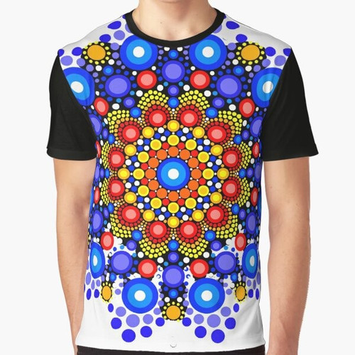 Graphic t-shirt featuring a colorful circle pattern design and mandala-inspired elements.