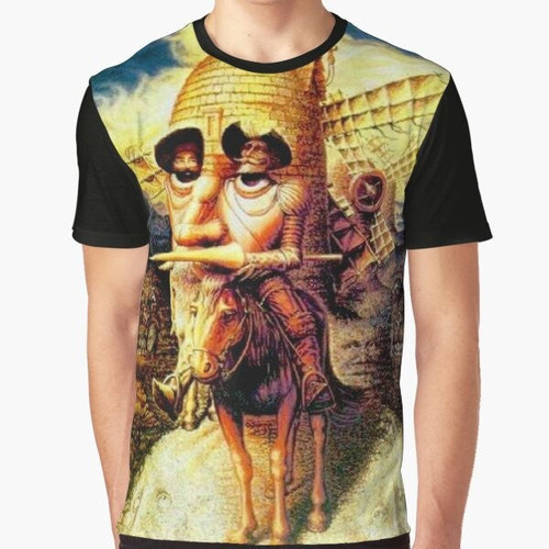 Vintage abstract graphic t-shirt featuring Don Quixote tilting at windmills