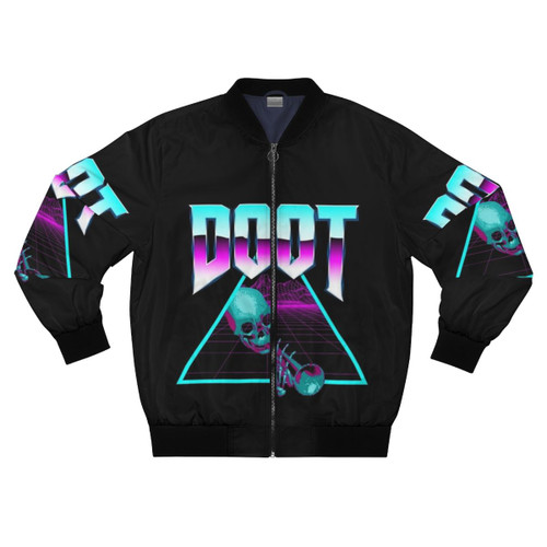 Stylish vaporwave and synthwave bomber jacket with retro outrun aesthetic, palm trees, and doot meme design.