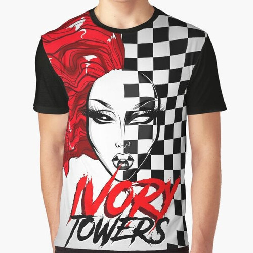 Drag queen wearing a checkerboard graphic t-shirt