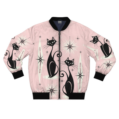 Retro-inspired bomber jacket featuring a mid century modern atomic cat design on a warm pink background