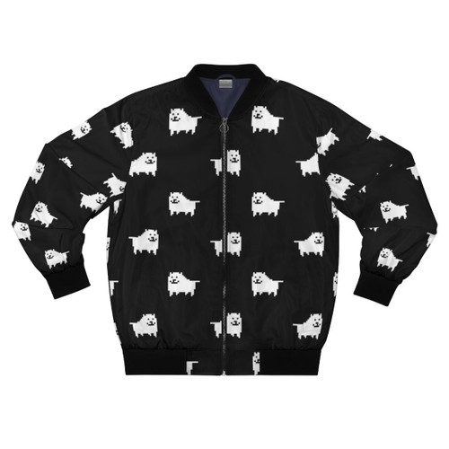 Undertale Annoying Dog Bomber Jacket in Black, featuring pixel art design