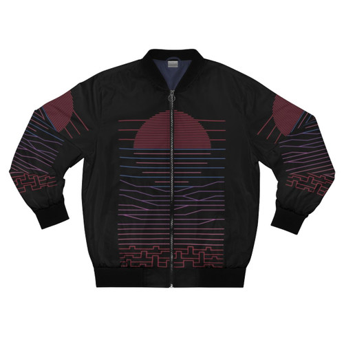 Minimalist bomber jacket with linear landscape design featuring the sun, mountains, and ocean for a serene, travel-inspired look.