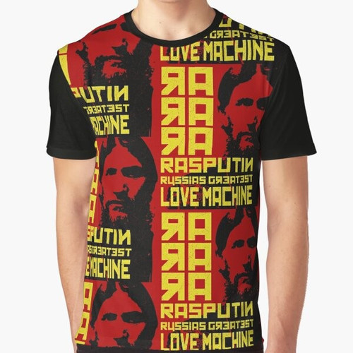 Rasputin, the infamous Russian figure, depicted in a graphic t-shirt design featuring the "Greatest Love Machine" motif.