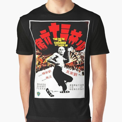 Kung Fu 36th Chamber Graphic T-Shirt featuring a martial arts design with icons like Bruce Lee and Jet Li