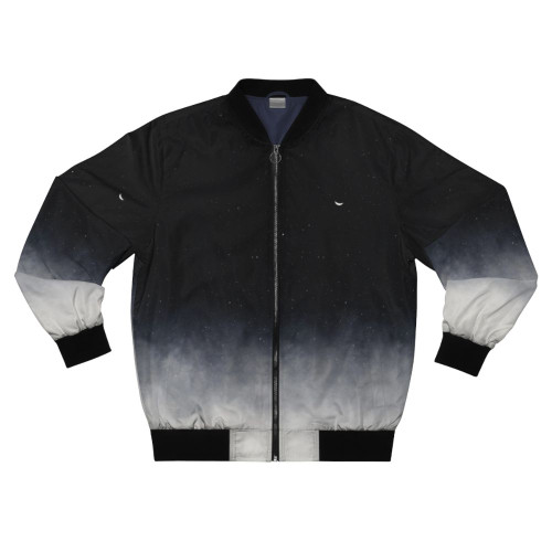 A bomber jacket featuring a moonscape design with a night sky, stars, and galaxy elements.