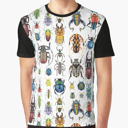 Colorful watercolor illustration of various beetle species on a graphic t-shirt