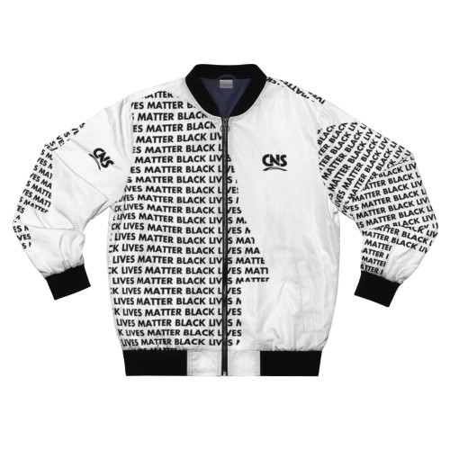 Black Lives Matter (BLM) graphic printed on a white bomber jacket
