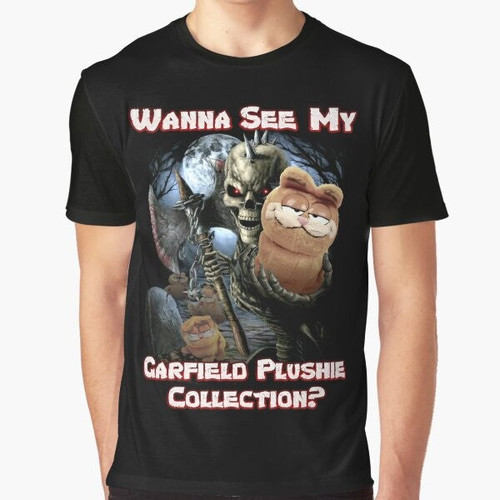 Garfield plushie collection graphic t-shirt with skulls, skeletons, and cursed imagery