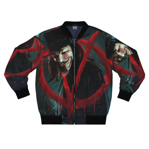 V for Vendetta inspired bomber jacket featuring the iconic Guy Fawkes mask design