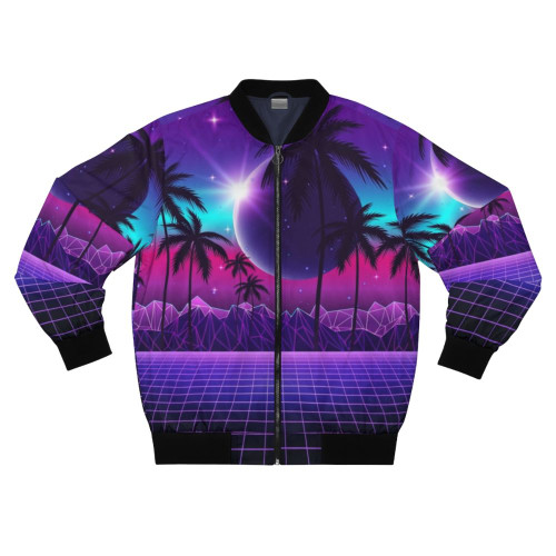 Synthwave retrowave bomber jacket with futuristic aesthetic and retro 80s/90s design