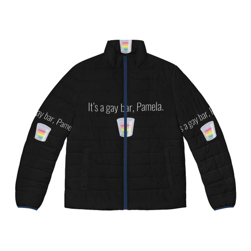 Cozy and stylish LGBTQ+ puffer jacket with "It's a Gay Bar" design