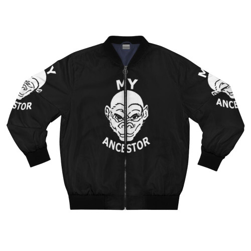 Vintage bomber jacket with a design featuring an ape or monkey, representing the evolution of mankind