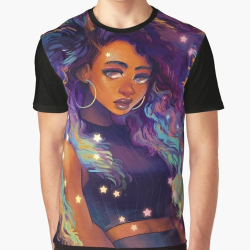 Nebula graphic t-shirt with cosmic stars and black art design